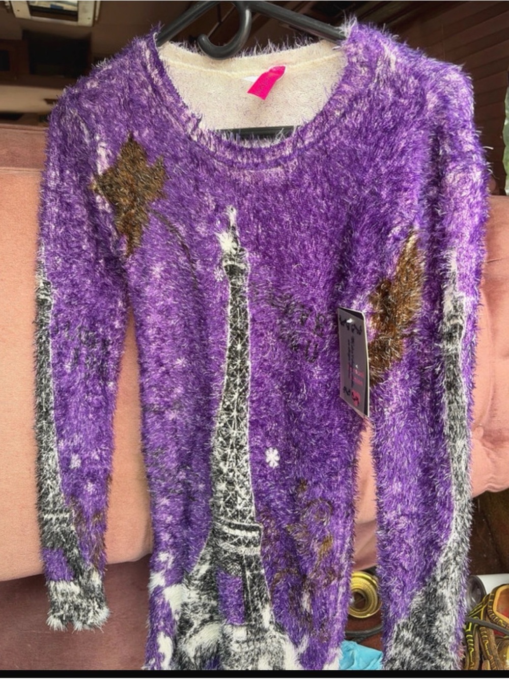 Cozy Purple Fuzzy Eiffel Tower Crewneck Sweater